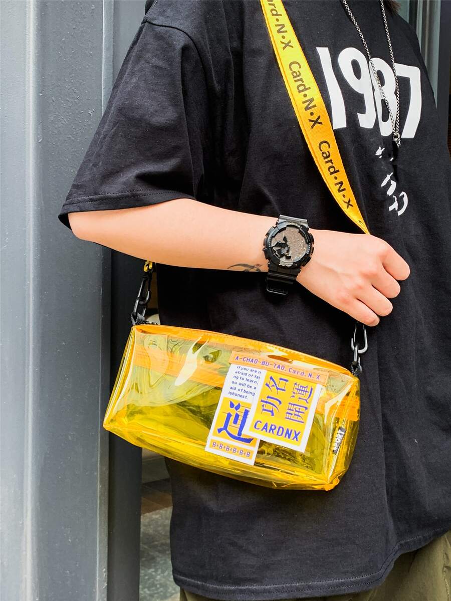 Men Letter Graphic Clear Crossbody Bag - Yellow - View 1