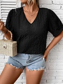 SHEIN LUNE Blusa con bordado con ojal de manga farol - Negro - Ver 5