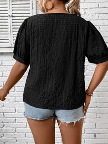 SHEIN LUNE Blusa con bordado con ojal de manga farol - Negro - Ver 2