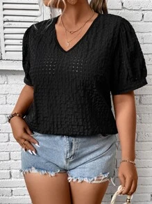 SHEIN LUNE Blusa con bordado con ojal de manga farol - Negro - Ver 3