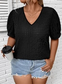 SHEIN LUNE Blusa con bordado con ojal de manga farol - Negro - Ver 4