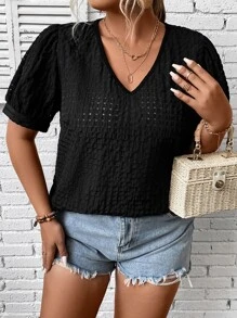 SHEIN LUNE Blusa con bordado con ojal de manga farol - Negro - Ver 1