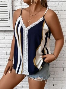 Calvaya 大碼撞色蕾絲拼接吊帶上衣 - 藏蓝色 - 查看 4