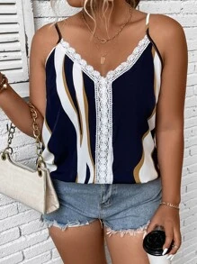 Calvaya 大碼撞色蕾絲拼接吊帶上衣 - 藏蓝色 - 查看 3