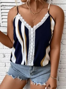 Calvaya 大碼撞色蕾絲拼接吊帶上衣 - 藏蓝色 - 查看 1