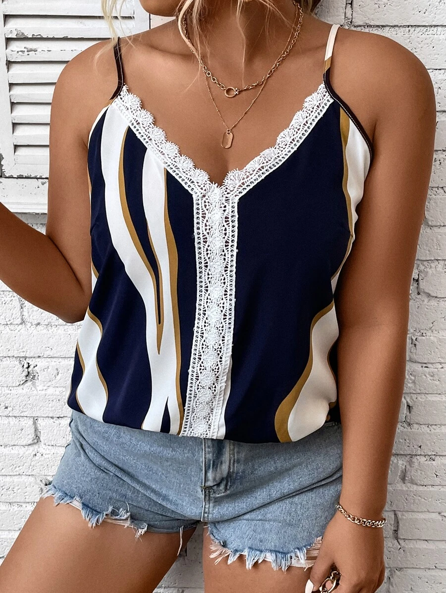 Calvaya 大碼撞色蕾絲拼接吊帶上衣 - 藏蓝色 - 查看 1