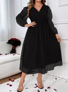 SHEIN Clasi Plus Lantern Sleeve Overlap Collar Mesh Overlay Dress - Black - View 1