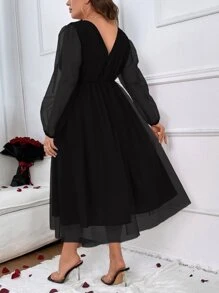 SHEIN Clasi Plus Lantern Sleeve Overlap Collar Mesh Overlay Dress - Black - View 2