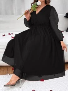 SHEIN Clasi Plus Lantern Sleeve Overlap Collar Mesh Overlay Dress - Black - View 3