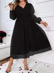 SHEIN Clasi Plus Lantern Sleeve Overlap Collar Mesh Overlay Dress - Black - View 4