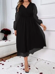 SHEIN Clasi Plus Lantern Sleeve Overlap Collar Mesh Overlay Dress - Black - View 7