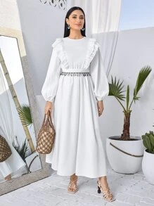 Modelyn Modest Long Lantern Sleeve Ruffle Trim Dress With Belt Long Evening Dresses - White - View 1