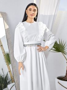 Modelyn Modest Long Lantern Sleeve Ruffle Trim Dress With Belt Long Evening Dresses - White - View 3