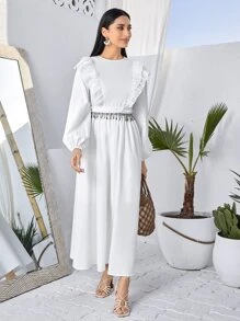 Modelyn Modest Long Lantern Sleeve Ruffle Trim Dress With Belt Long Evening Dresses - White - View 5