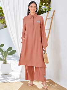 Modelyn 字母貼布下擺開叉上衣和闊腿褲 - 珊瑚粉 - 查看 1