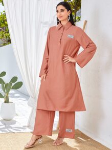 Modelyn 字母貼布下擺開叉上衣和闊腿褲 - 珊瑚粉 - 查看 3