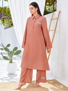 Modelyn 字母貼布下擺開叉上衣和闊腿褲 - 珊瑚粉 - 查看 4