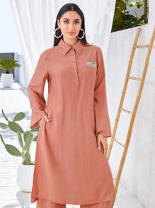 Modelyn 字母貼布下擺開叉上衣和闊腿褲 - 珊瑚粉 - 查看 6