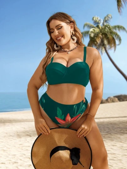 大尺碼熱帶印花聚攏比基尼套裝夏季海灘
