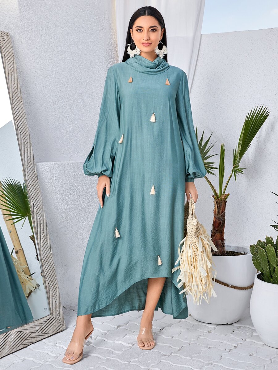 Modelyn 燈籠袖流蘇細節高低下擺洋裝 - 薄荷綠 - 查看 1