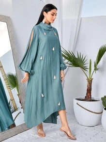 Modelyn 燈籠袖流蘇細節高低下擺洋裝 - 薄荷綠 - 查看 4