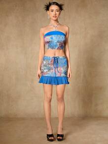 SHEIN ICON Snakeskin & Zebra Striped Print Drawstring Waist Ruffle Hem Skirt - Multicolor - View 3