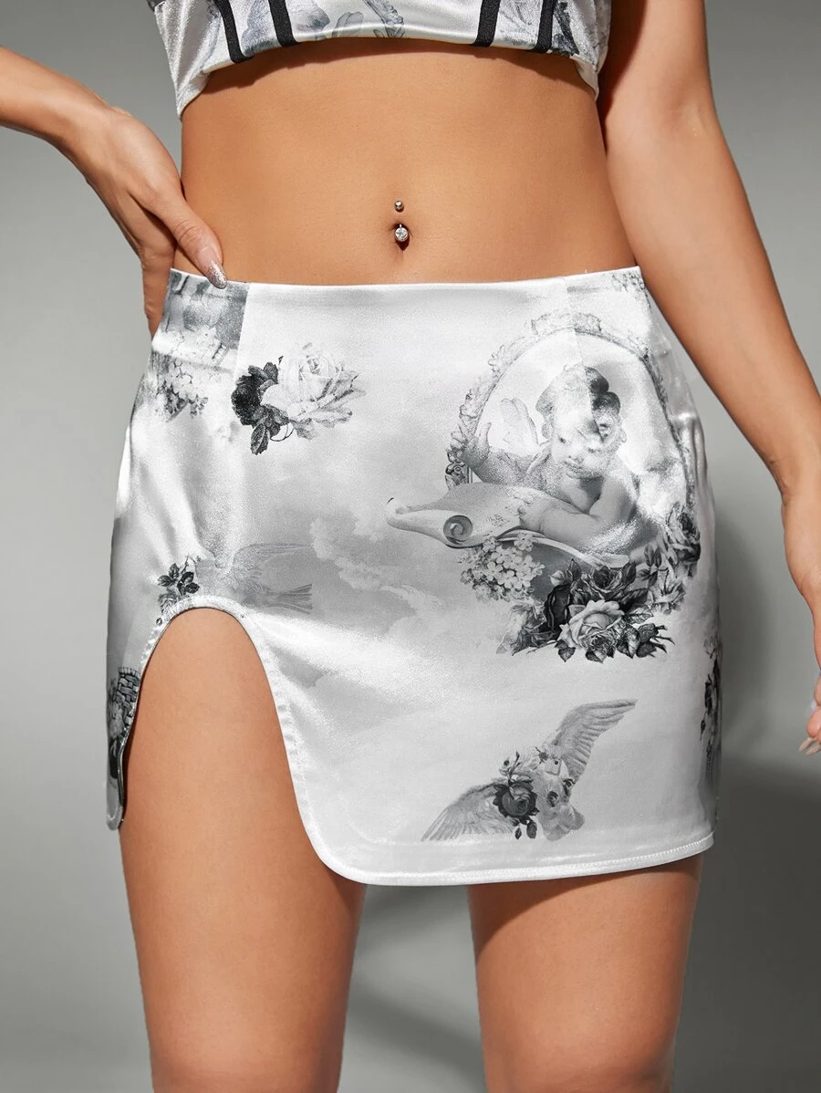 SHEIN ICON Low Rise Angel & Floral Print Split Hem Satin Skirt - Black and White - View 1