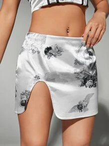SHEIN ICON Low Rise Angel & Floral Print Split Hem Satin Skirt - Black and White - View 5