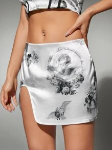 SHEIN ICON Low Rise Angel & Floral Print Split Hem Satin Skirt - Black and White - View 4