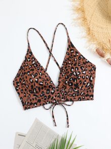 SHEIN Swim Curve Top bikini con estampado de leopardo con cordón trasero