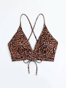 SHEIN Swim Curve Top bikini con estampado de leopardo con cordón trasero