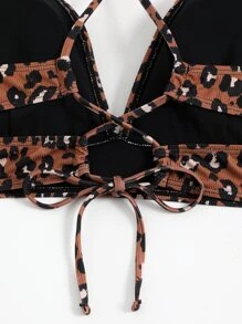 SHEIN Swim Curve Top bikini con estampado de leopardo con cordón trasero