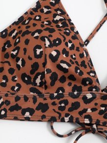 SHEIN Swim Curve Top bikini con estampado de leopardo con cordón trasero