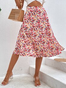 SHEIN VCAY Allover Print High Waist Skirt - Pink - View 3