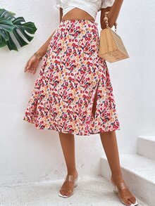 SHEIN VCAY Allover Print High Waist Skirt - Pink - View 4