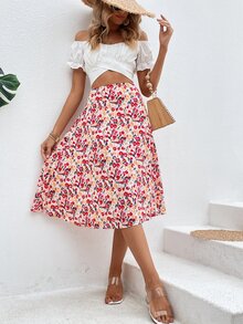 SHEIN VCAY Allover Print High Waist Skirt - Pink - View 5