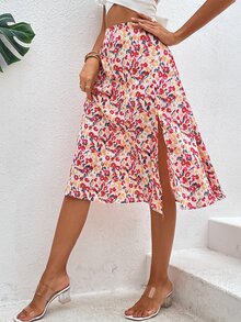 SHEIN VCAY Allover Print High Waist Skirt - Pink - View 6