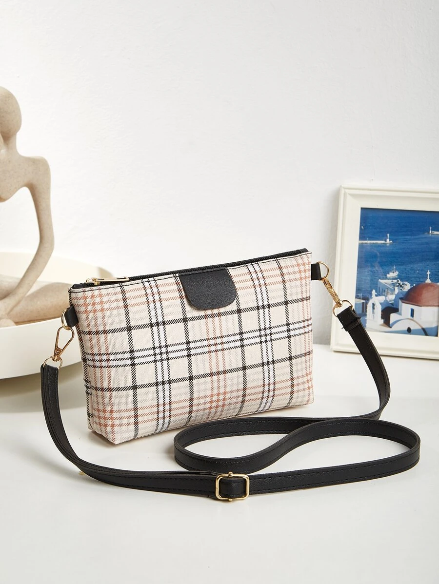 Plaid Pattern Square Bag - Black - View 1