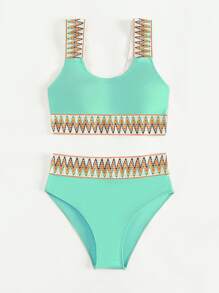 SHEIN Teen Girls Chevron Tape Bikini Set Summer Beach - Mint Blue - View 5