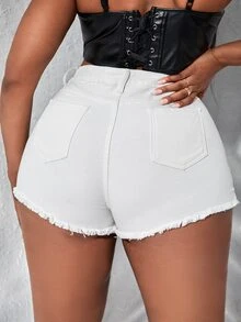 SHEIN SXY Plus Ripped Raw Hem Denim Shorts - White - View 2