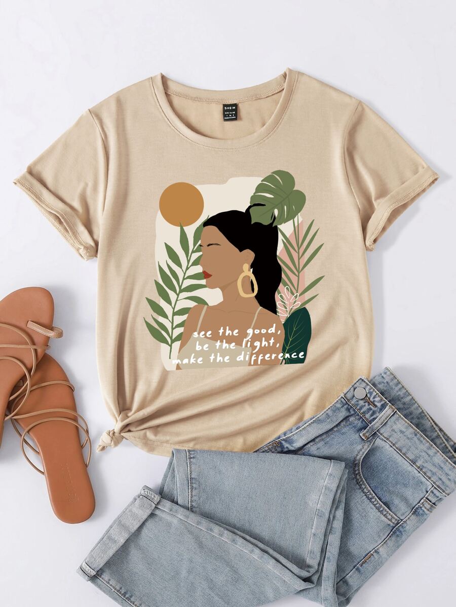 1pc Figure & Slogan Graphic Tee See The Good, Be The Light, Make The Difference - Khaki - View 1
