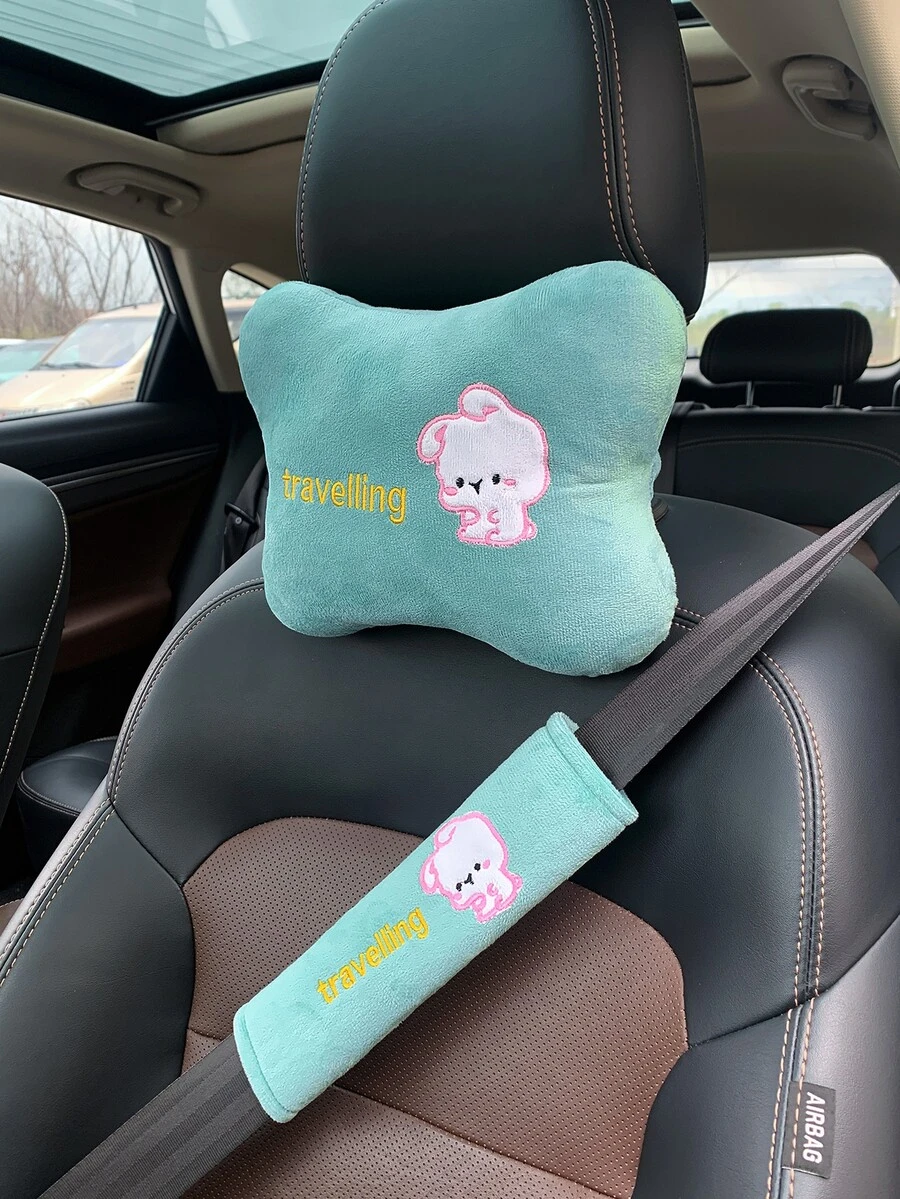 1pc Cartoon Rabbit & Letter Embroidered Car Neck Pillow & 1pc Car Seat Belt Cover - Green - View 1
