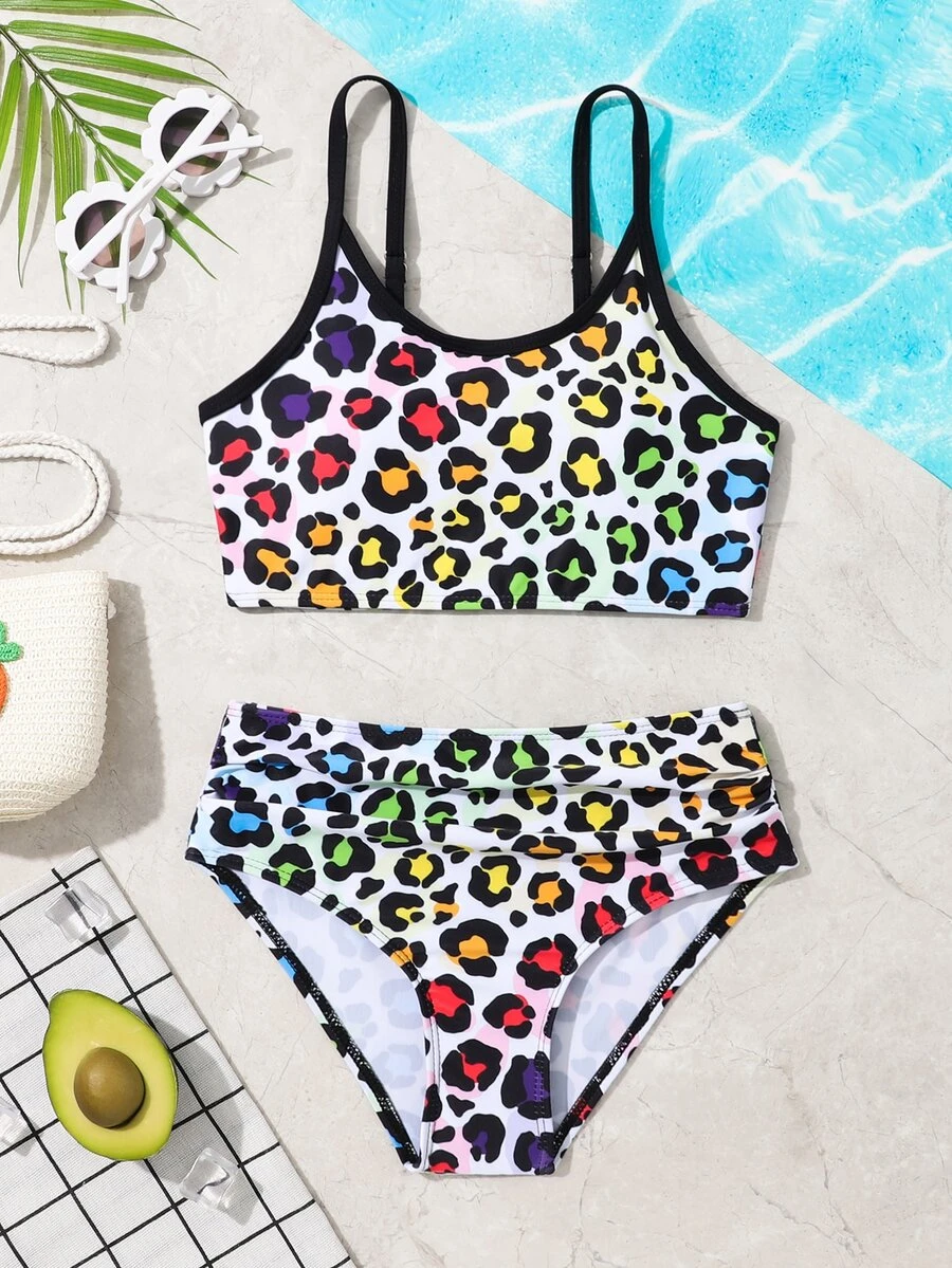 Conjunto de bikini estampado de leopardo con pliegues para niña preadolescente, verano playa - Multicolor - Ver 1