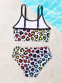 Conjunto de bikini estampado de leopardo con pliegues para niña preadolescente, verano playa - Multicolor - Ver 2