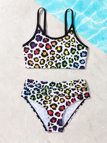 Conjunto de bikini estampado de leopardo con pliegues para niña preadolescente, verano playa - Multicolor - Ver 3