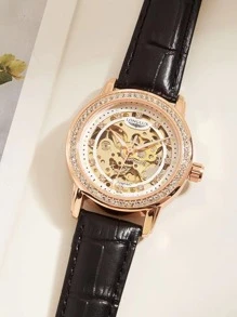 LONGLUX Reloj mecánico con diseño de diamante de imitación esqueleto - Negro - Ver 2