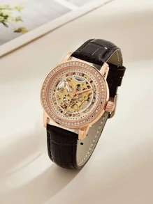 LONGLUX Reloj mecánico con diseño de diamante de imitación esqueleto - Negro - Ver 3