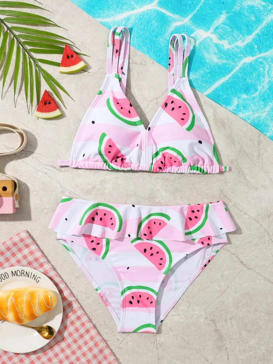 Conjunto de bikini con estampado de sandía y ribete de volantes para niña preadolescente, verano playa - Multicolor - Ver 1