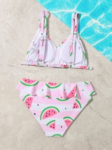 Conjunto de bikini con estampado de sandía y ribete de volantes para niña preadolescente, verano playa - Multicolor - Ver 2