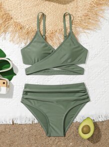 Tween Girl Solid Criss Cross Ruched Bikini Set Summer Beach - Army Green - View 1